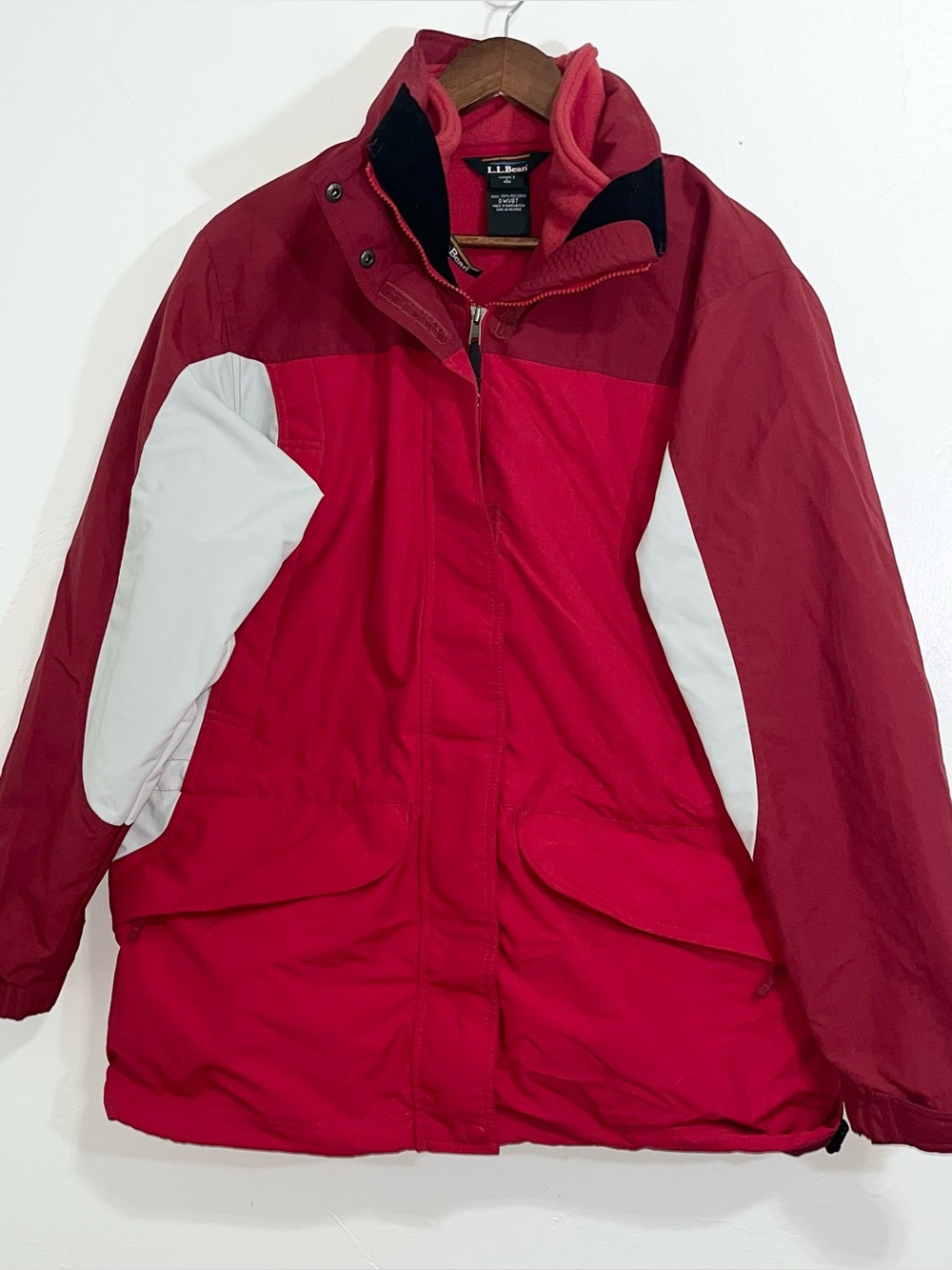 LL Bean Womens 3 in 1 Ski Jacket Parka Red Colorblock Hooded Winter Coat Large